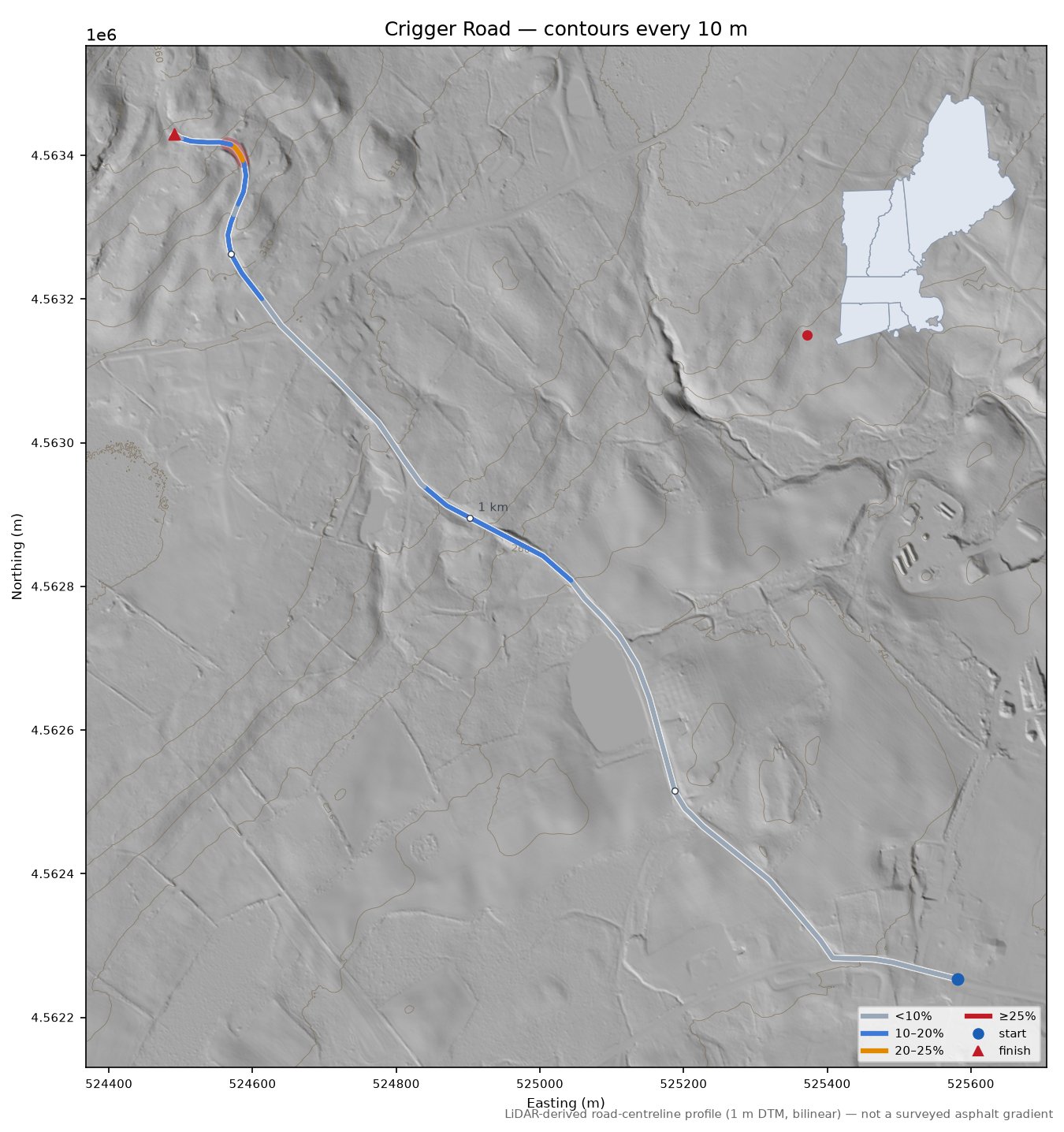 Crigger Road LiDAR hillshade map with contours