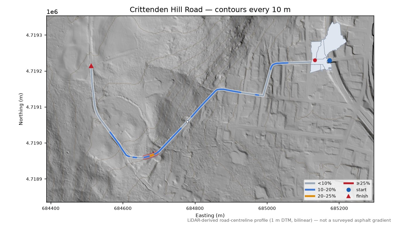 Crittenden Hill Road LiDAR hillshade map with contours