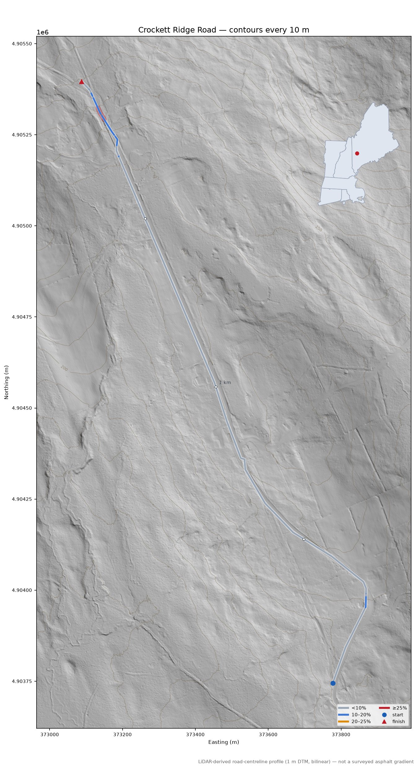 Crockett Ridge Road LiDAR hillshade map with contours