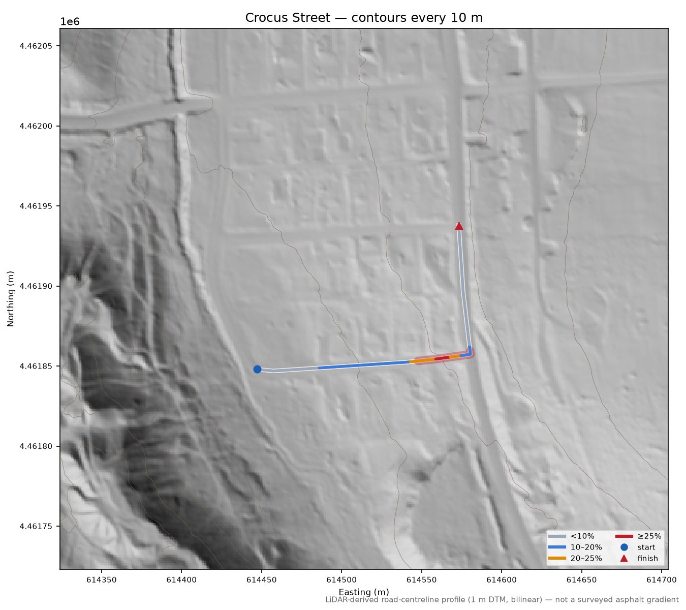 Crocus Street LiDAR hillshade map with contours