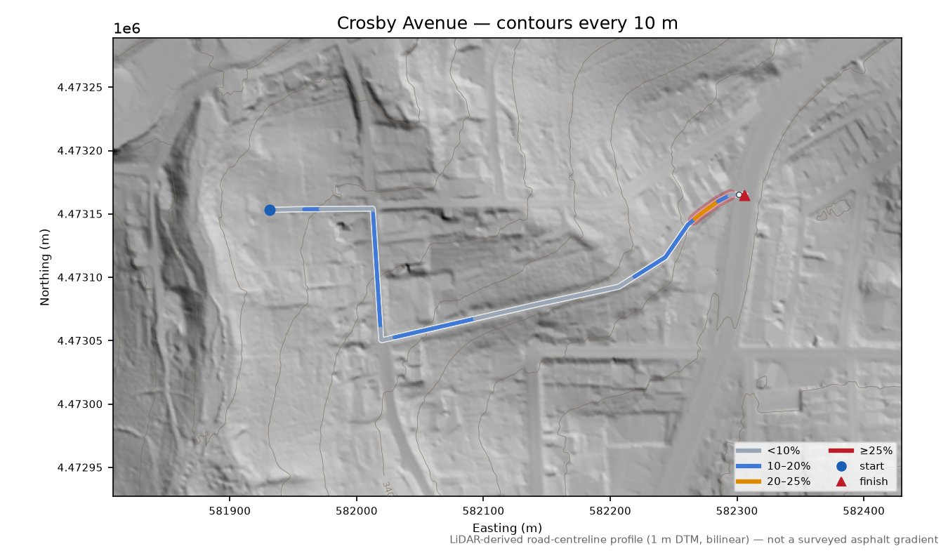 Crosby Avenue LiDAR hillshade map with contours