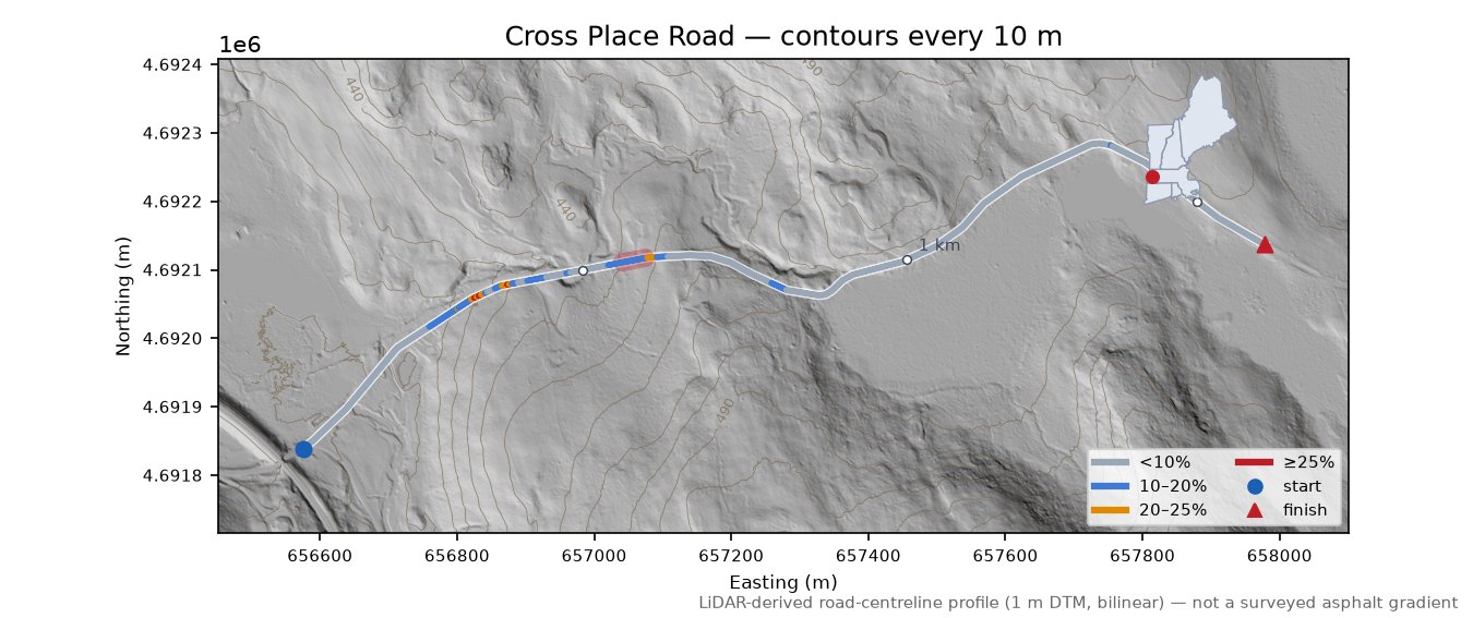 Cross Place Road LiDAR hillshade map with contours