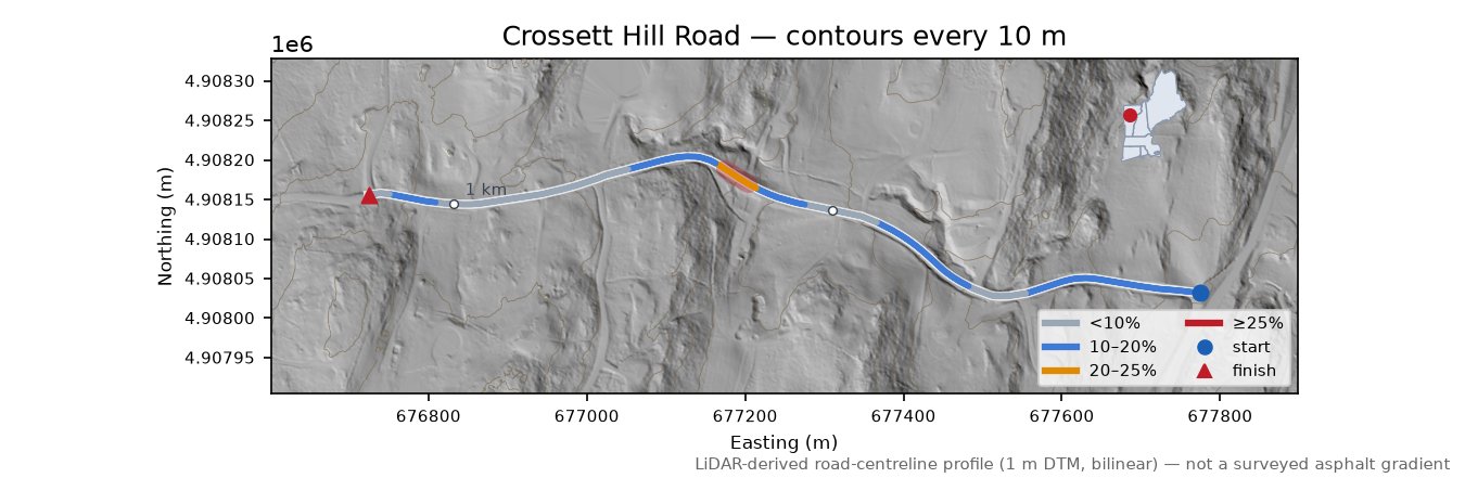 Crossett Hill Road LiDAR hillshade map with contours