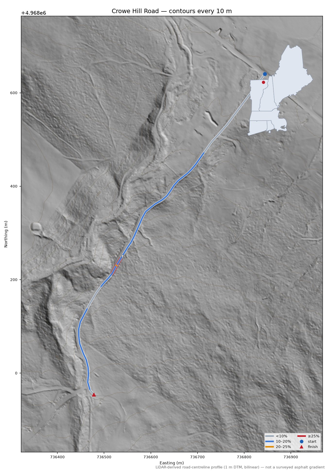 Crowe Hill Road LiDAR hillshade map with contours