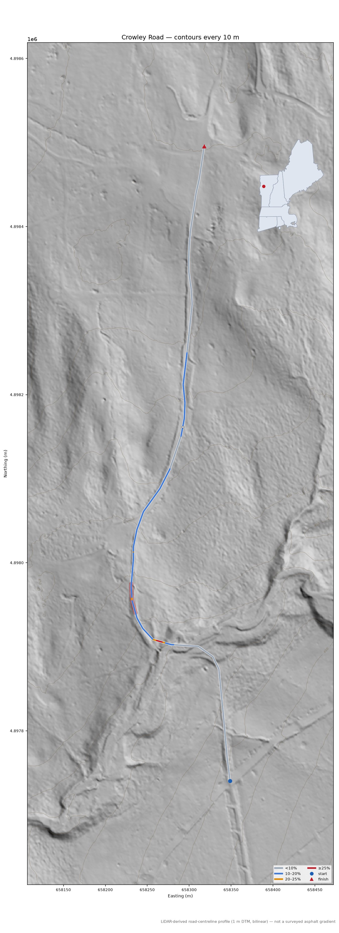 Crowley Road LiDAR hillshade map with contours