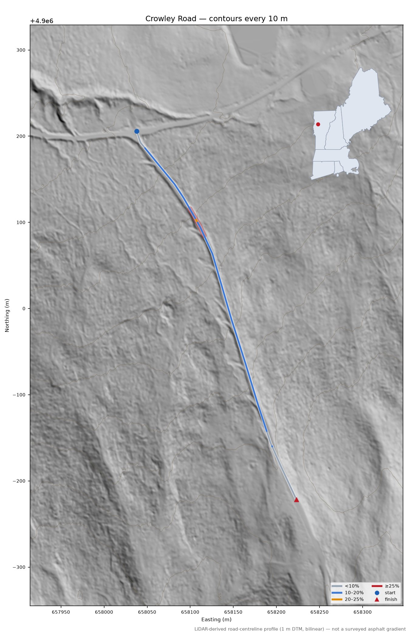 Crowley Road LiDAR hillshade map with contours