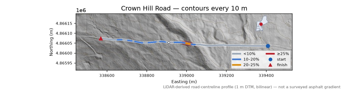 Crown Hill Road LiDAR hillshade map with contours
