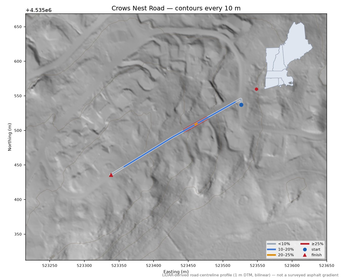 Crows Nest Road LiDAR hillshade map with contours