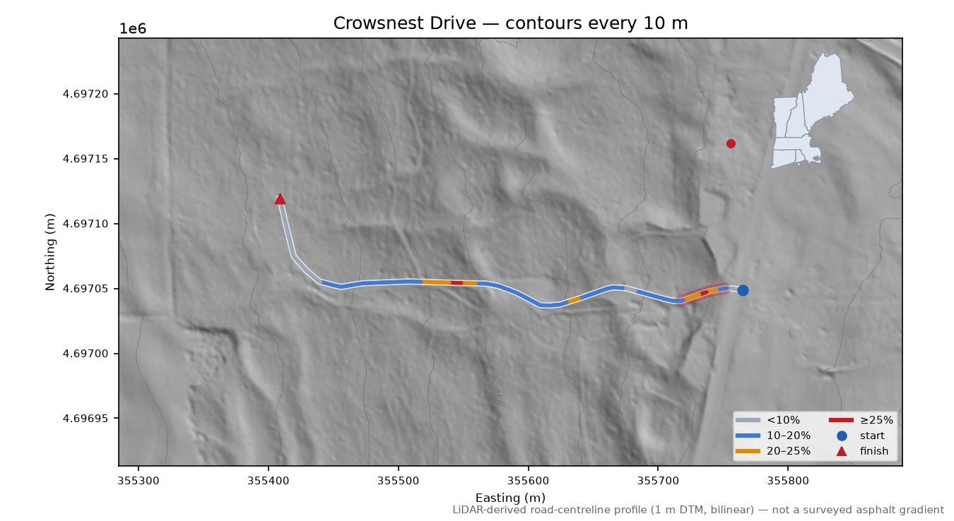 Crowsnest Drive LiDAR hillshade map with contours