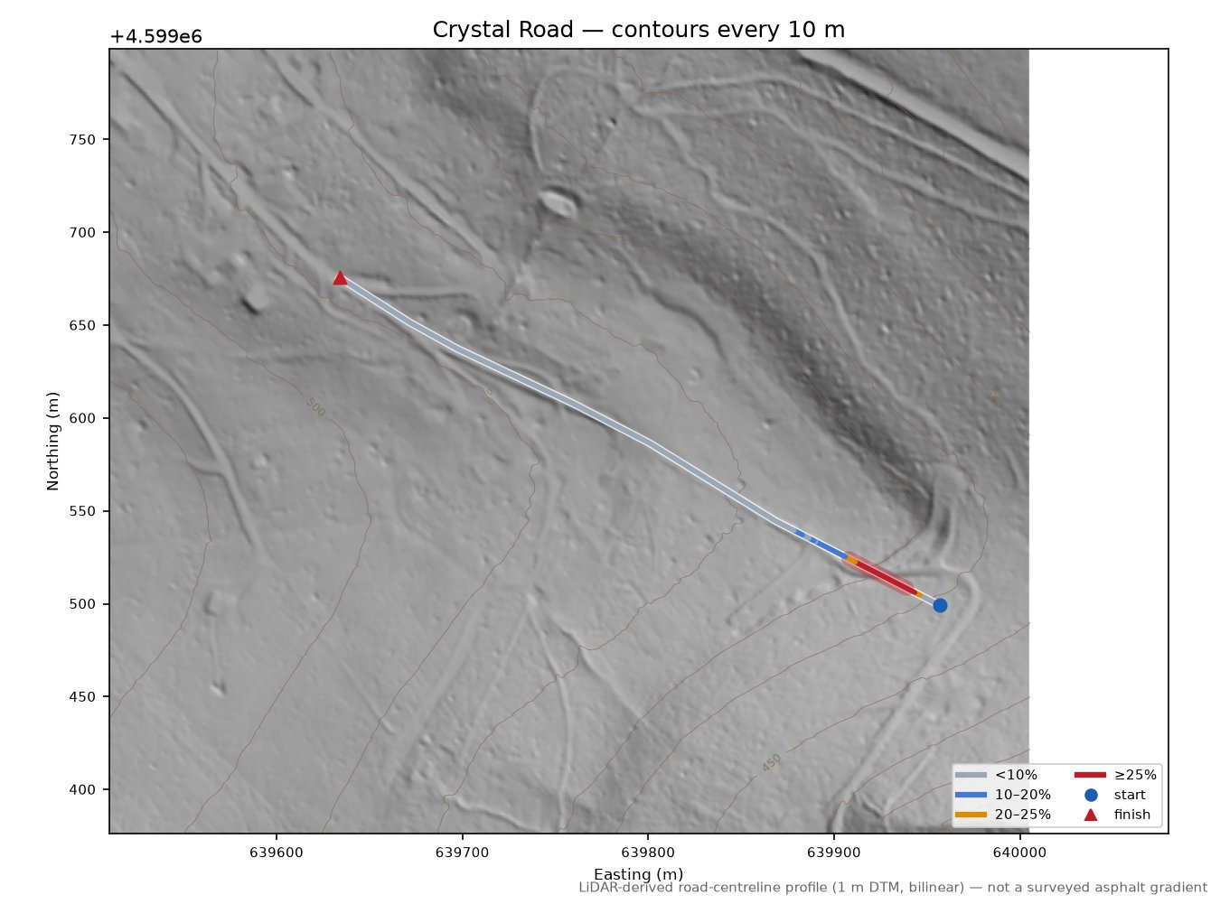 Crystal Road LiDAR hillshade map with contours