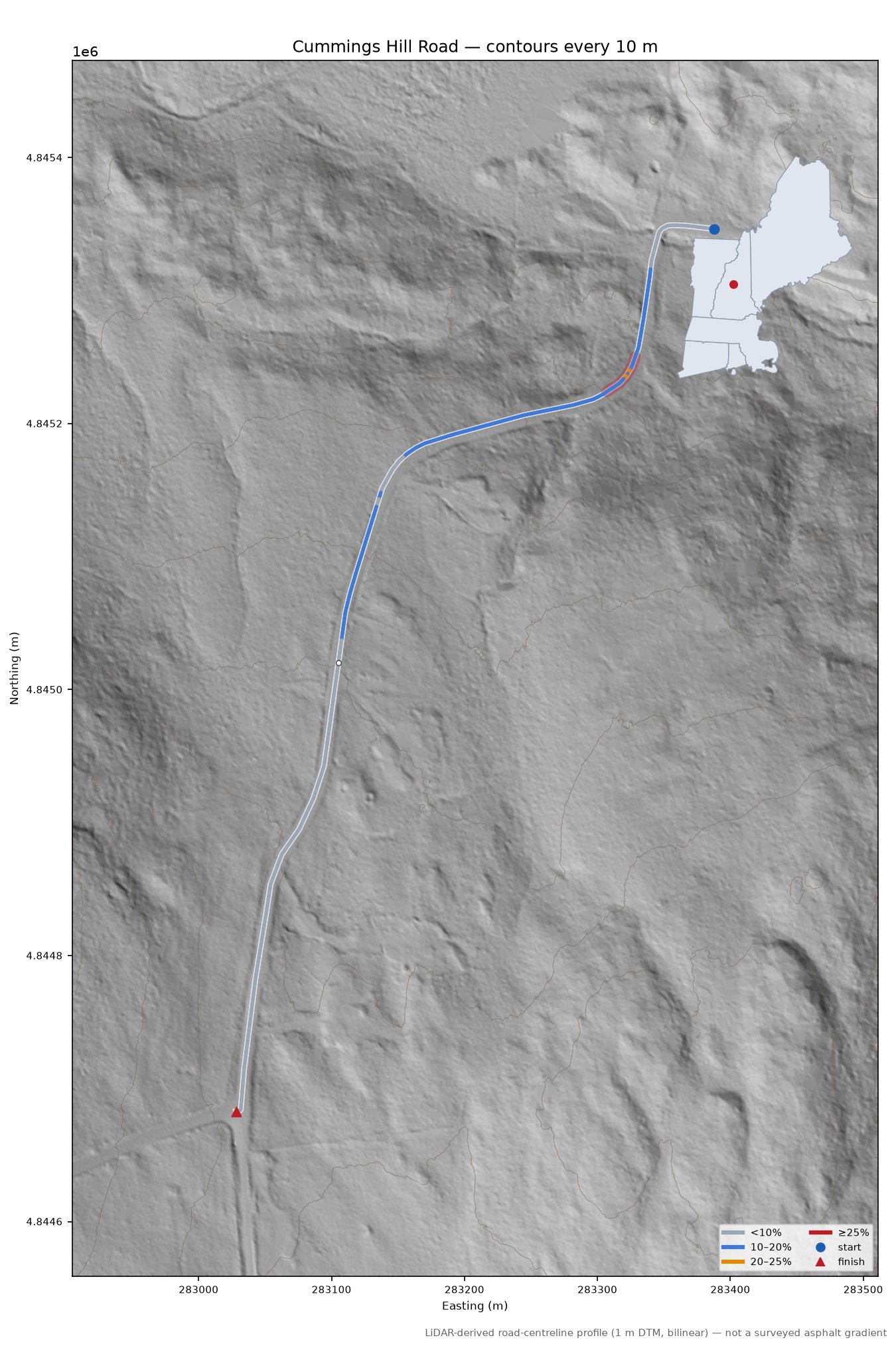Cummings Hill Road LiDAR hillshade map with contours