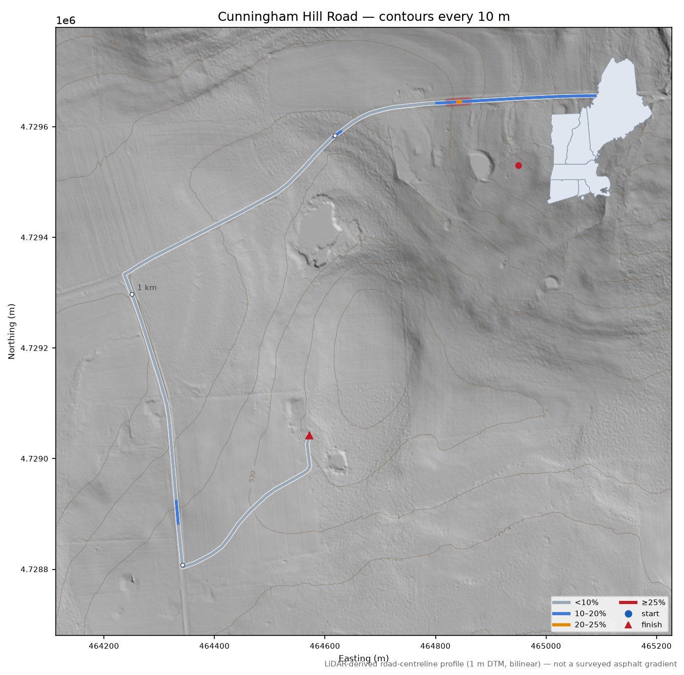 Cunningham Hill Road LiDAR hillshade map with contours