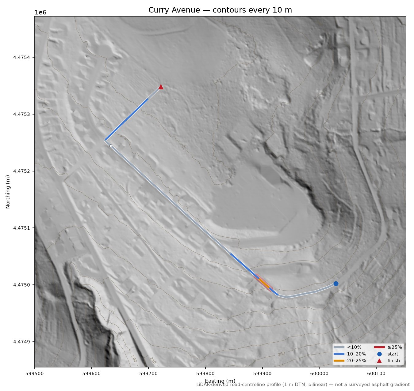 Curry Avenue LiDAR hillshade map with contours