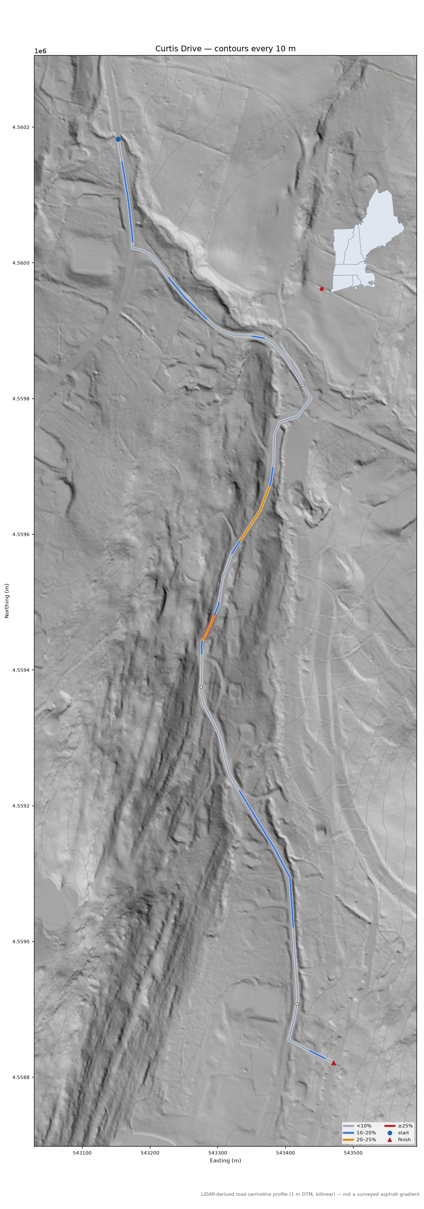 Curtis Drive LiDAR hillshade map with contours