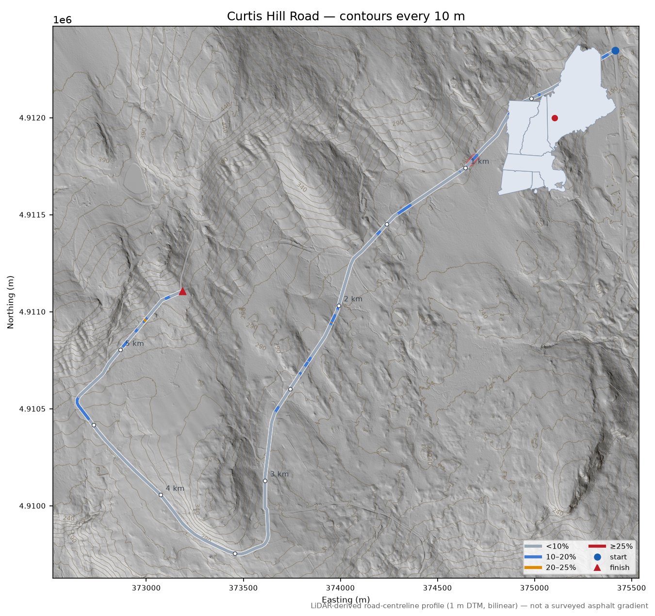 Curtis Hill Road LiDAR hillshade map with contours