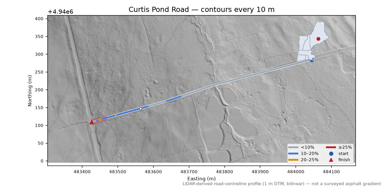 Curtis Pond Road LiDAR hillshade map with contours