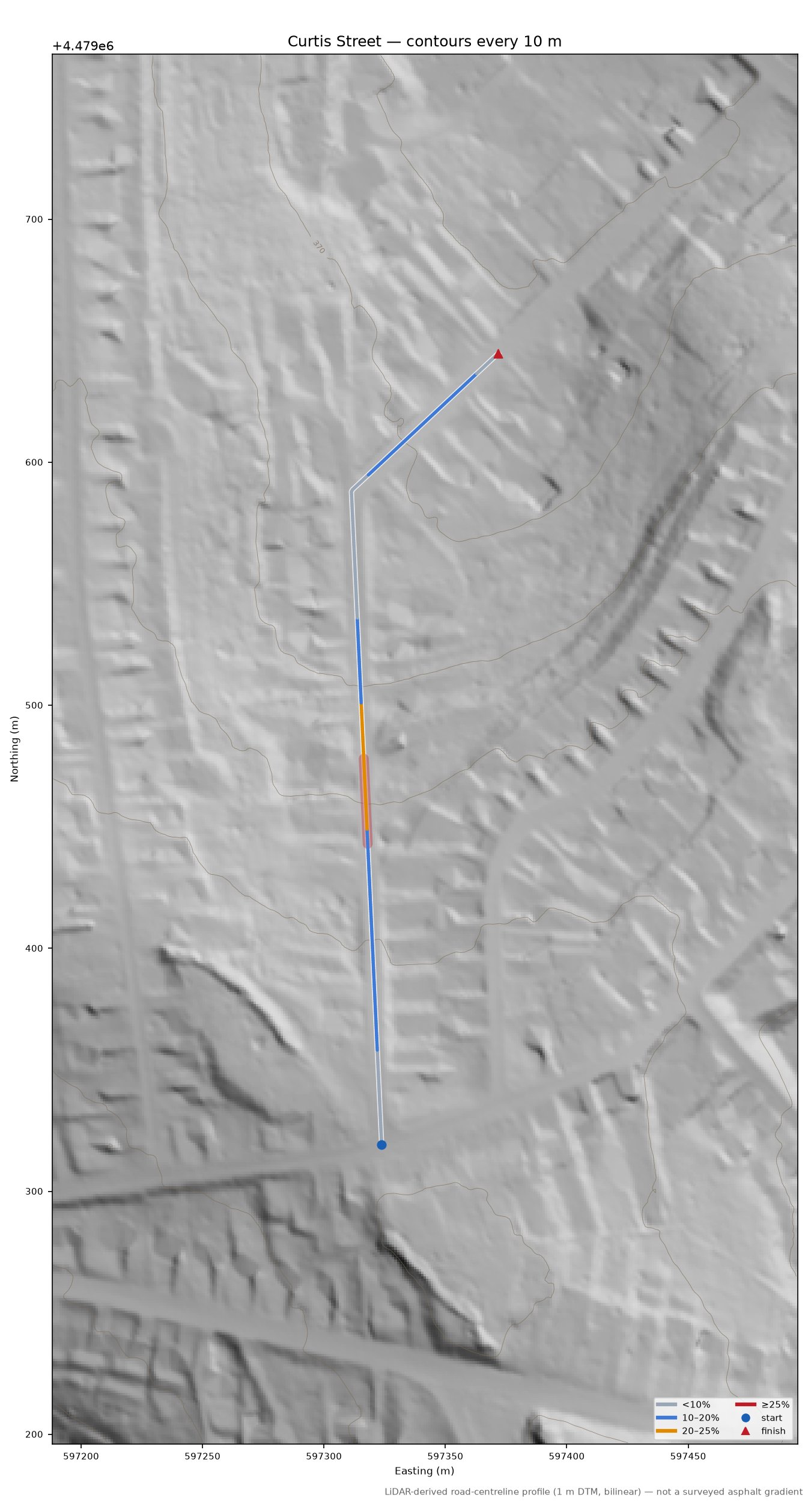 Curtis Street LiDAR hillshade map with contours