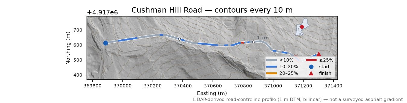 Cushman Hill Road LiDAR hillshade map with contours