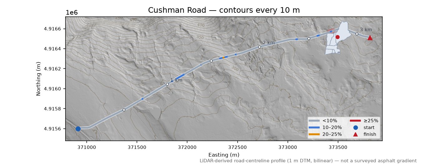 Cushman Road LiDAR hillshade map with contours
