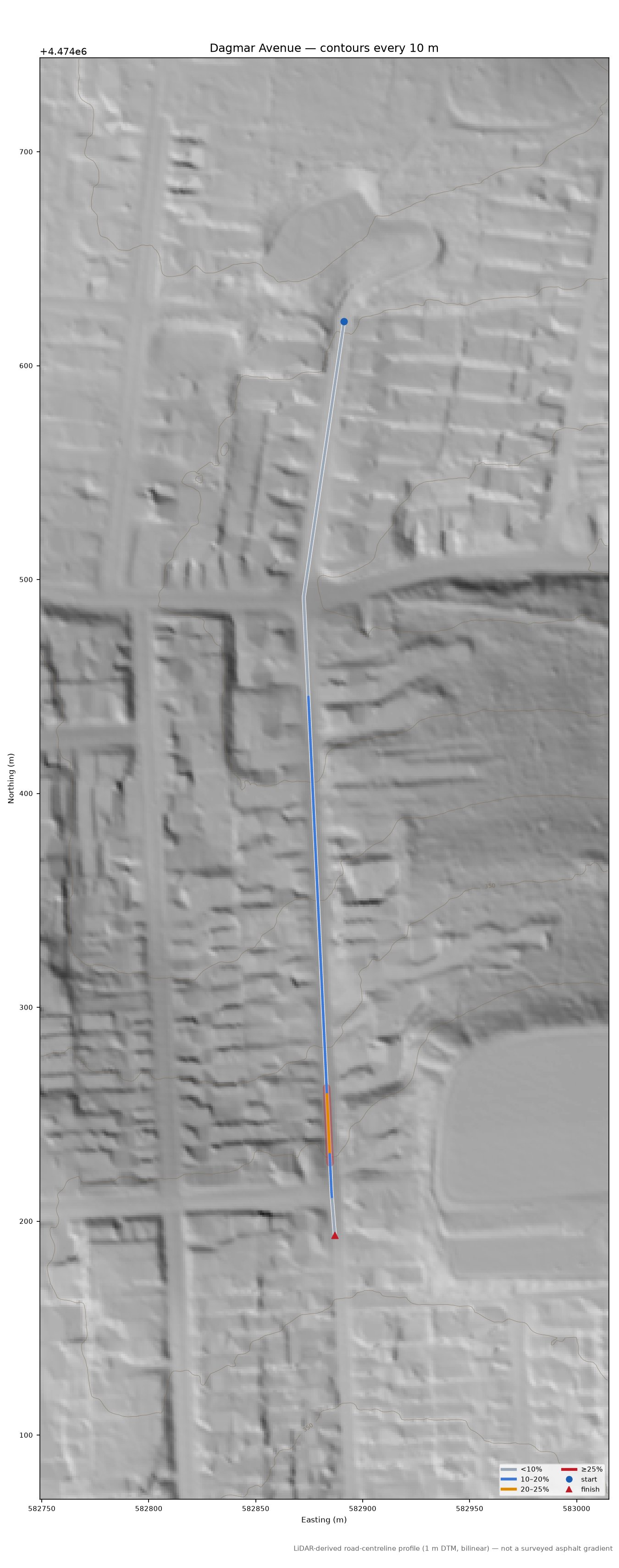 Dagmar Avenue LiDAR hillshade map with contours