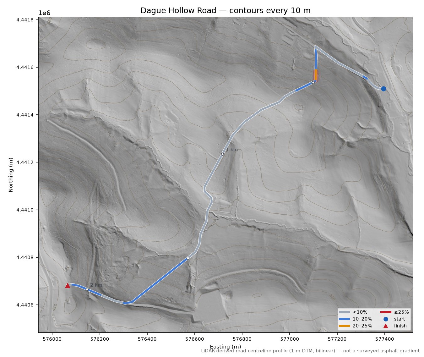 Dague Hollow Road LiDAR hillshade map with contours