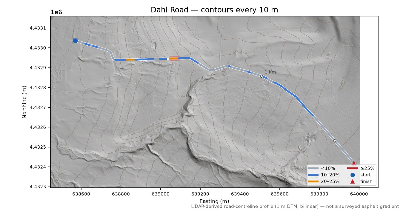 Dahl Road LiDAR hillshade map with contours