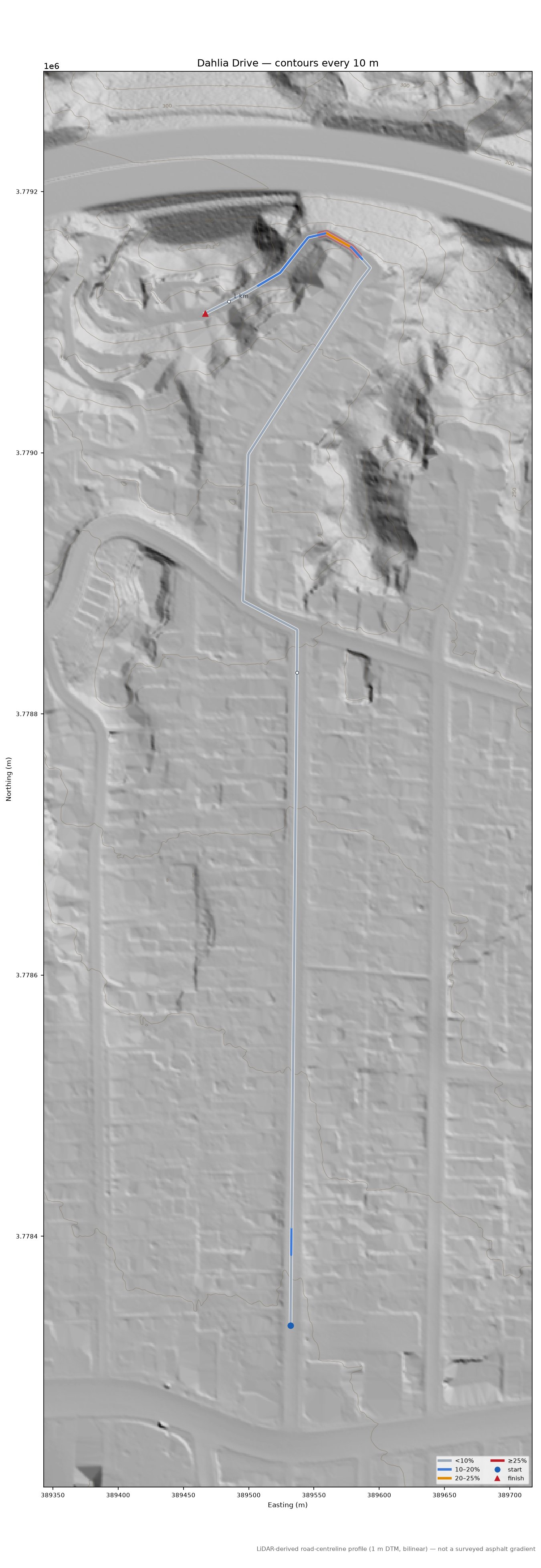 Dahlia Drive LiDAR hillshade map with contours