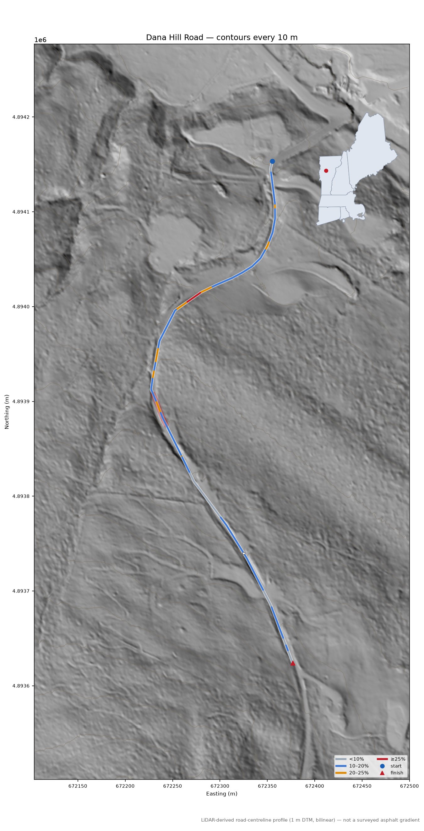 Dana Hill Road LiDAR hillshade map with contours