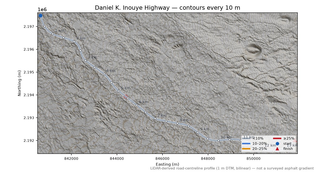 Daniel K. Inouye Highway LiDAR hillshade map with contours