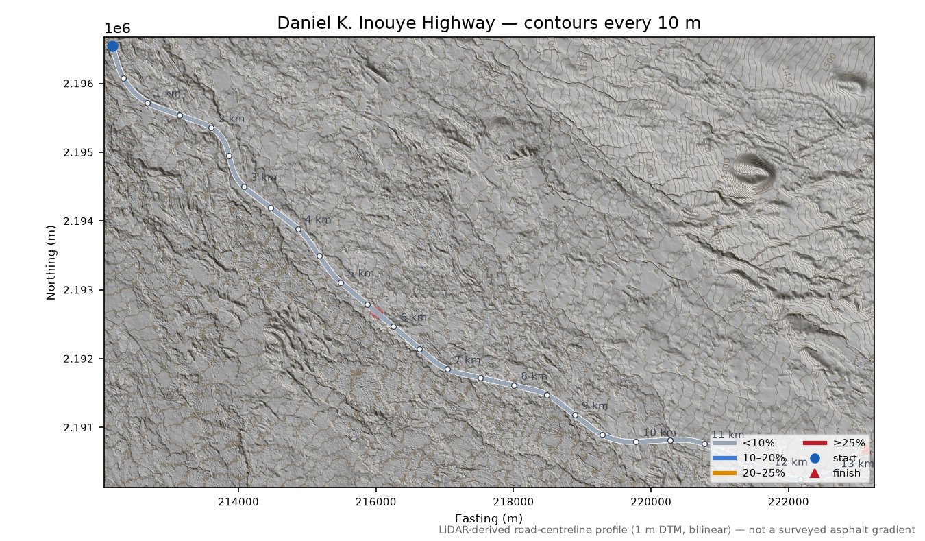 Daniel K. Inouye Highway LiDAR hillshade map with contours