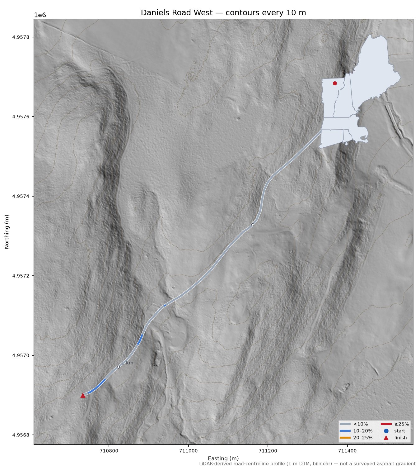 Daniels Road West LiDAR hillshade map with contours