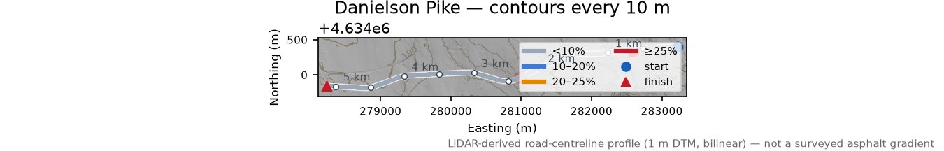 Danielson Pike LiDAR hillshade map with contours
