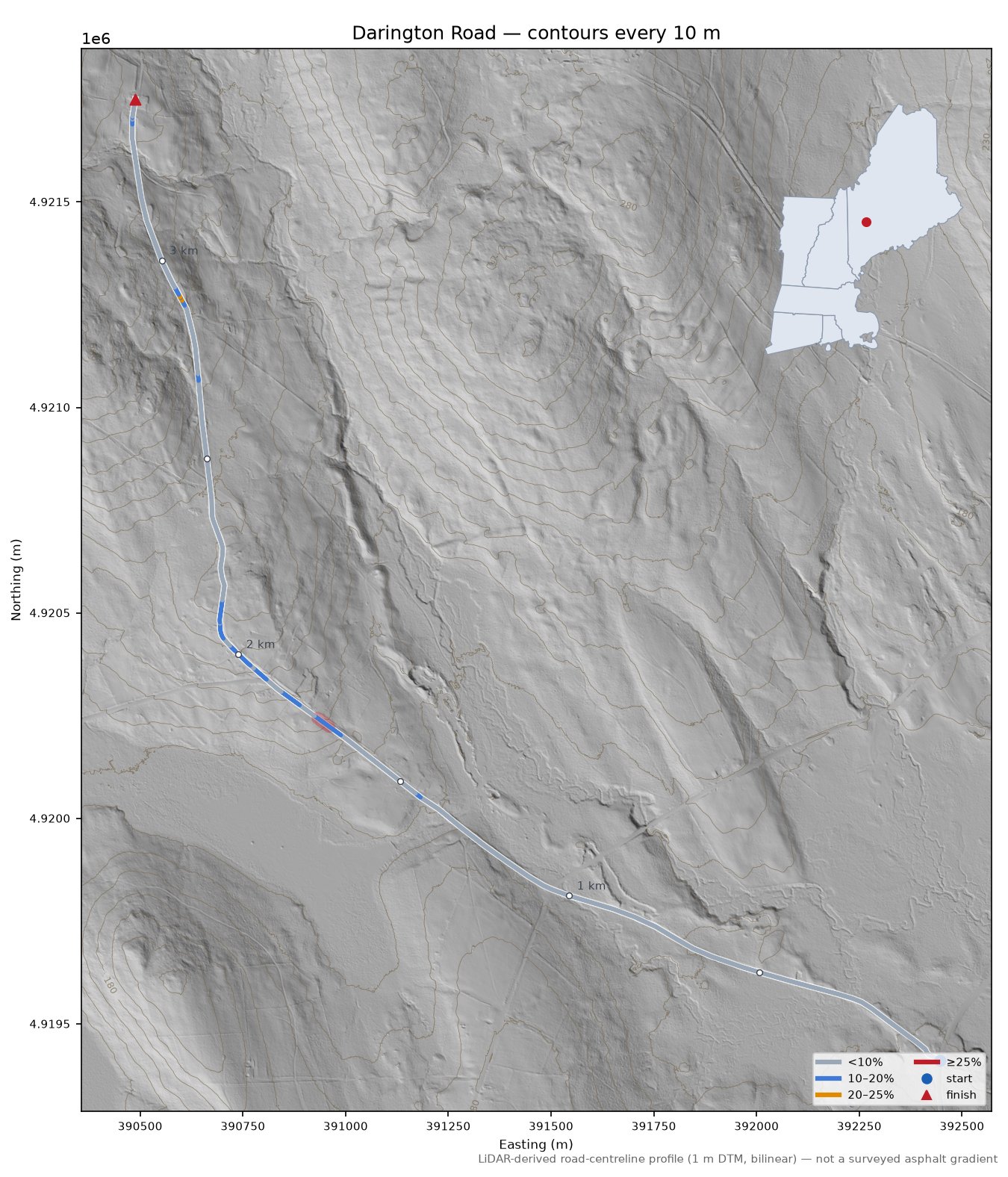 Darington Road LiDAR hillshade map with contours