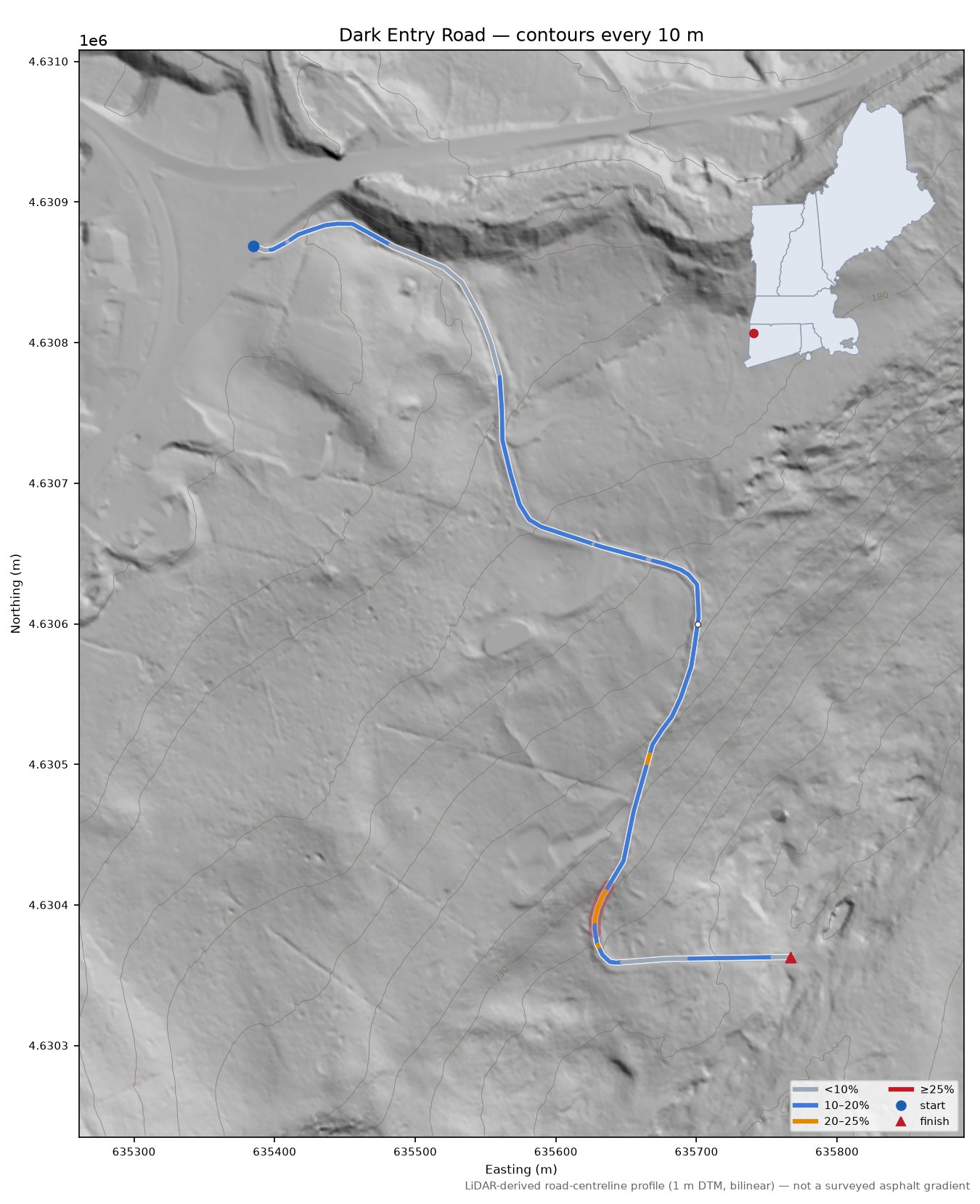 Dark Entry Road LiDAR hillshade map with contours