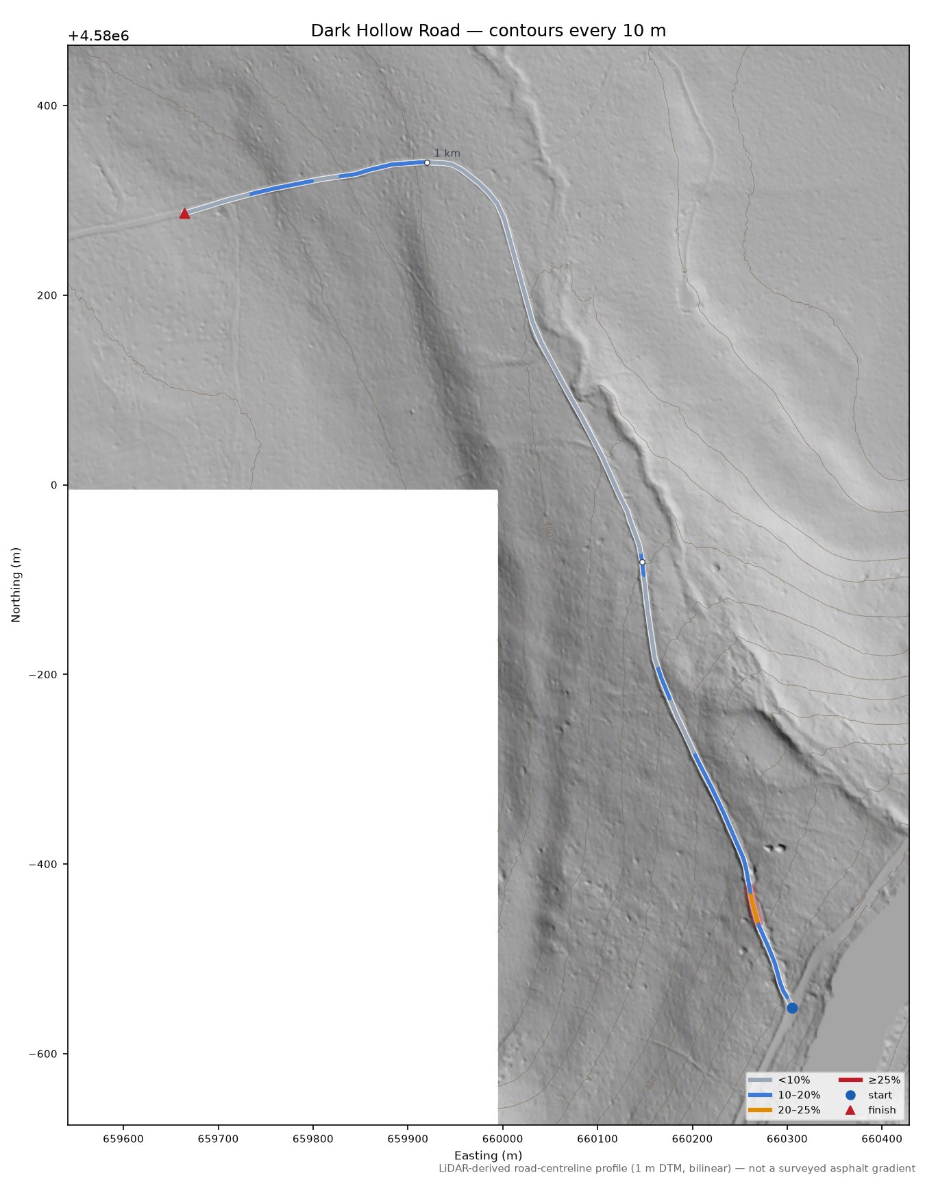 Dark Hollow Road LiDAR hillshade map with contours