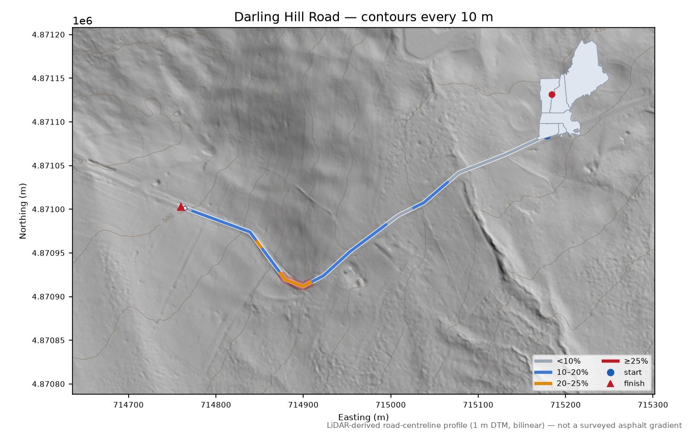 Darling Hill Road LiDAR hillshade map with contours