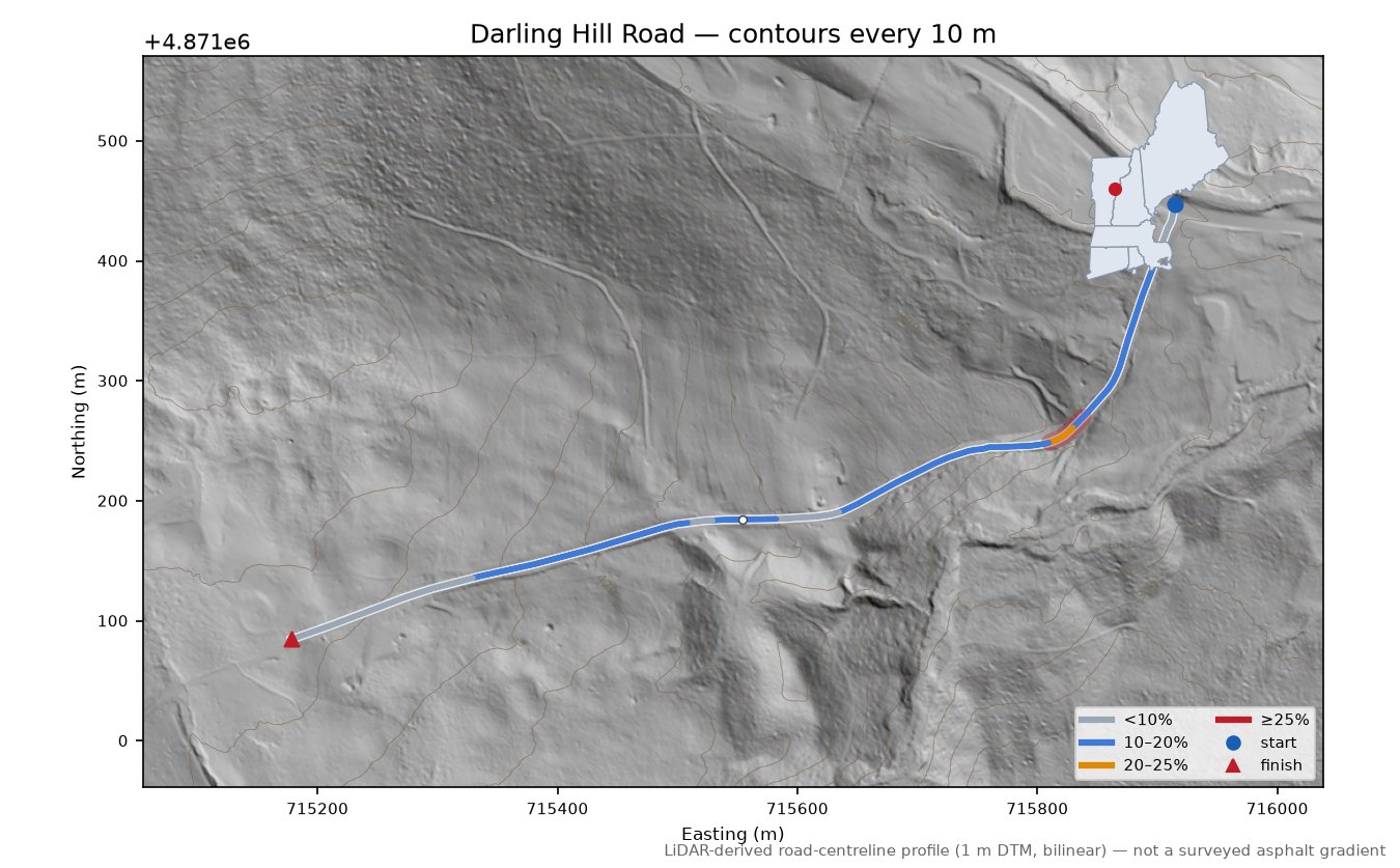 Darling Hill Road LiDAR hillshade map with contours