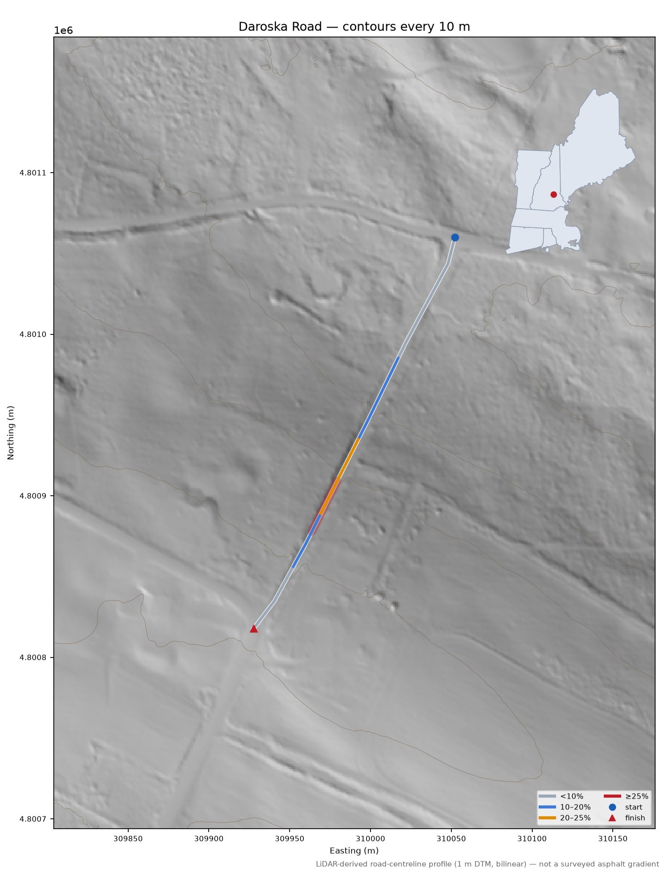 Daroska Road LiDAR hillshade map with contours