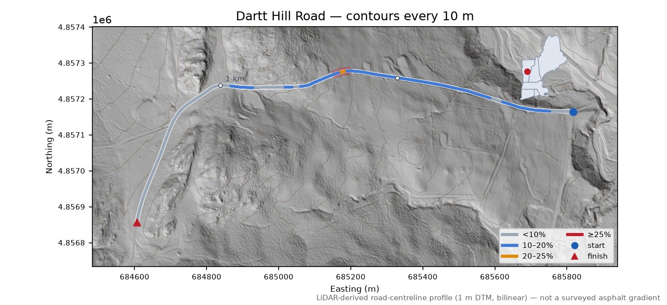 Dartt Hill Road LiDAR hillshade map with contours
