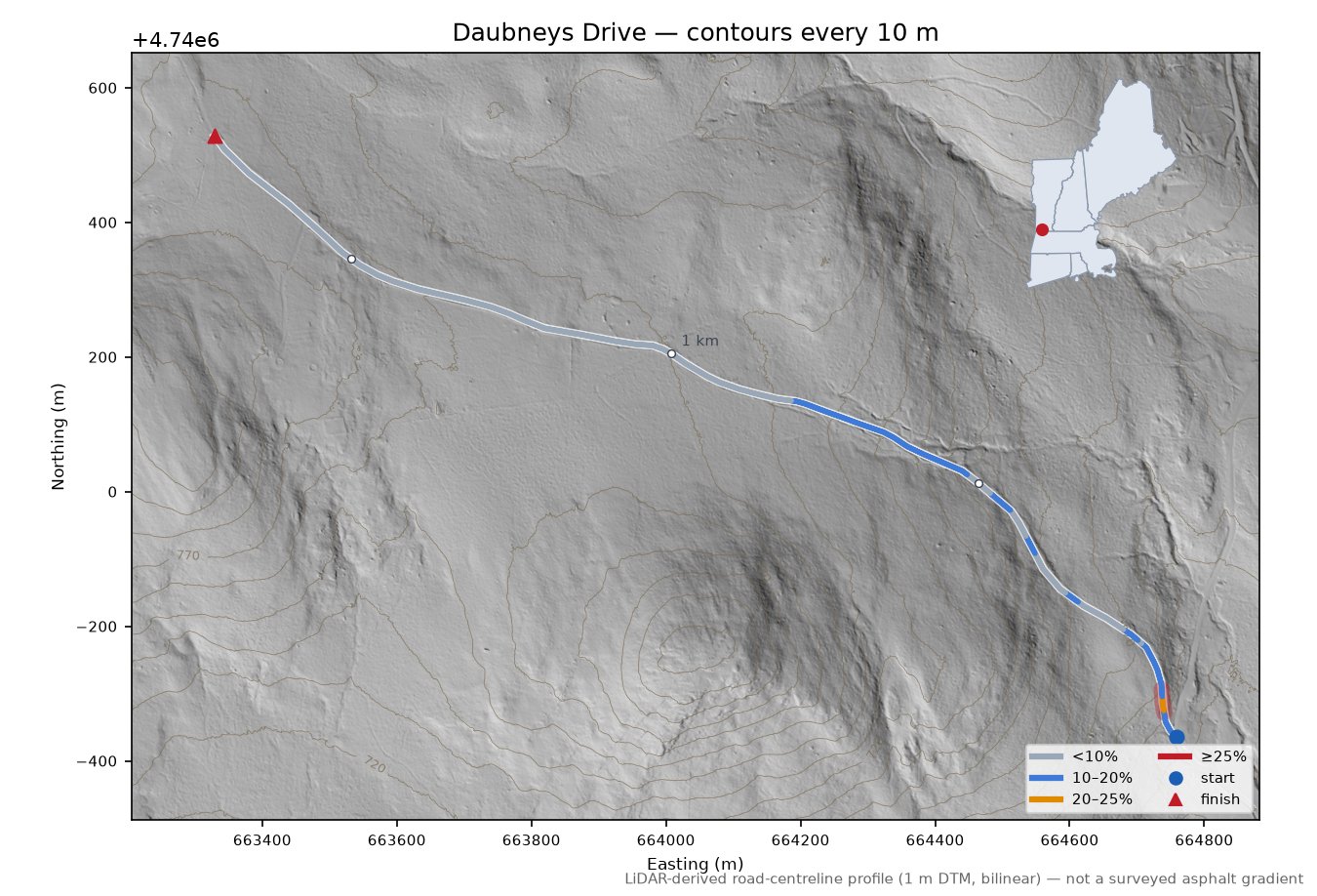 Daubneys Drive LiDAR hillshade map with contours