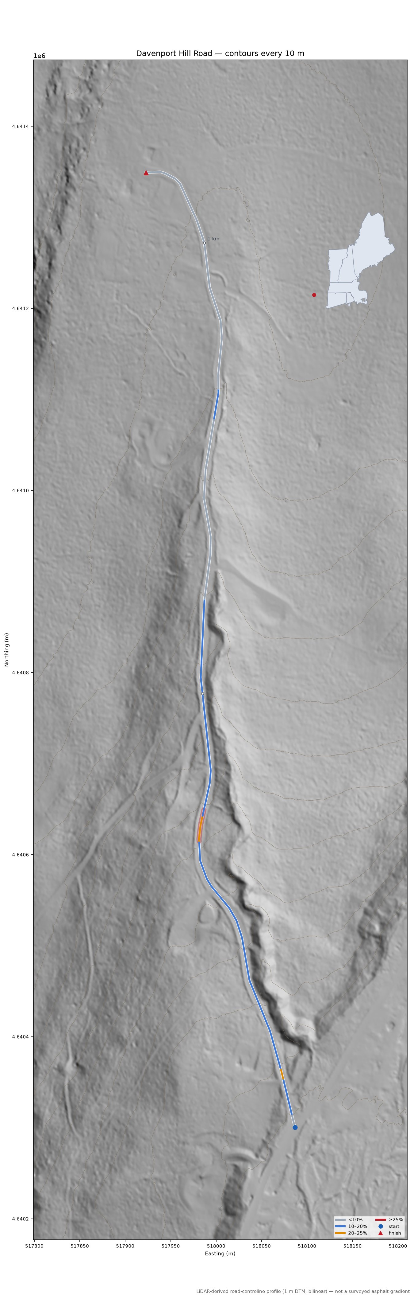 Davenport Hill Road LiDAR hillshade map with contours