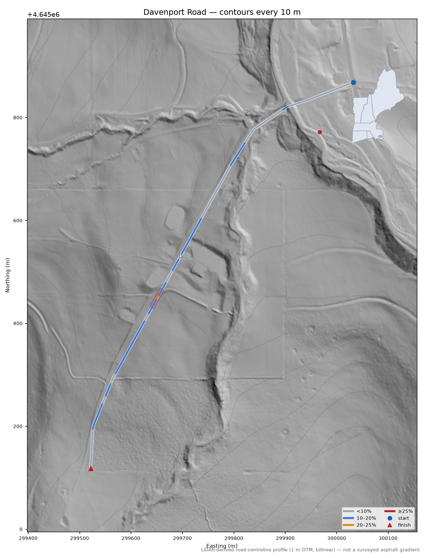 Davenport Road LiDAR hillshade map with contours