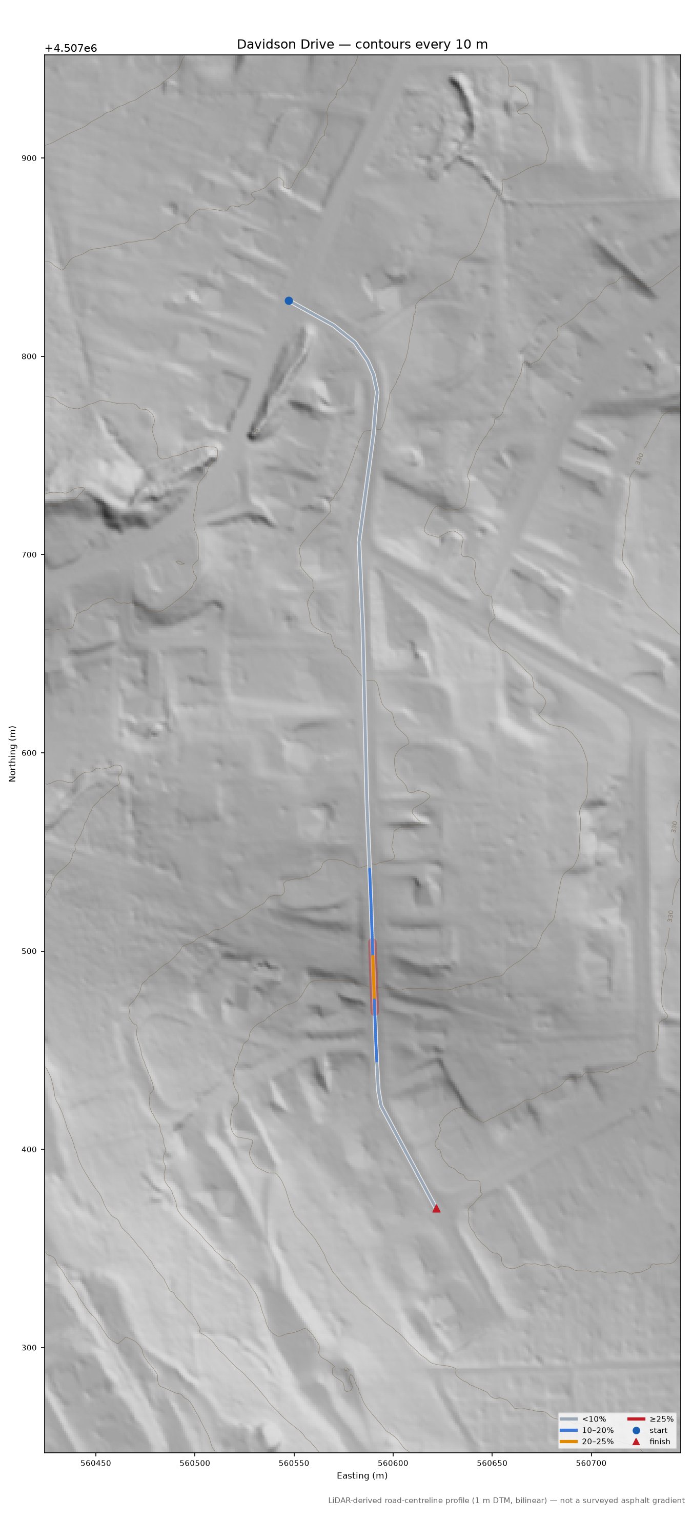 Davidson Drive LiDAR hillshade map with contours