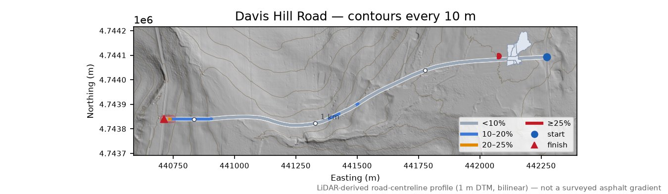 Davis Hill Road LiDAR hillshade map with contours
