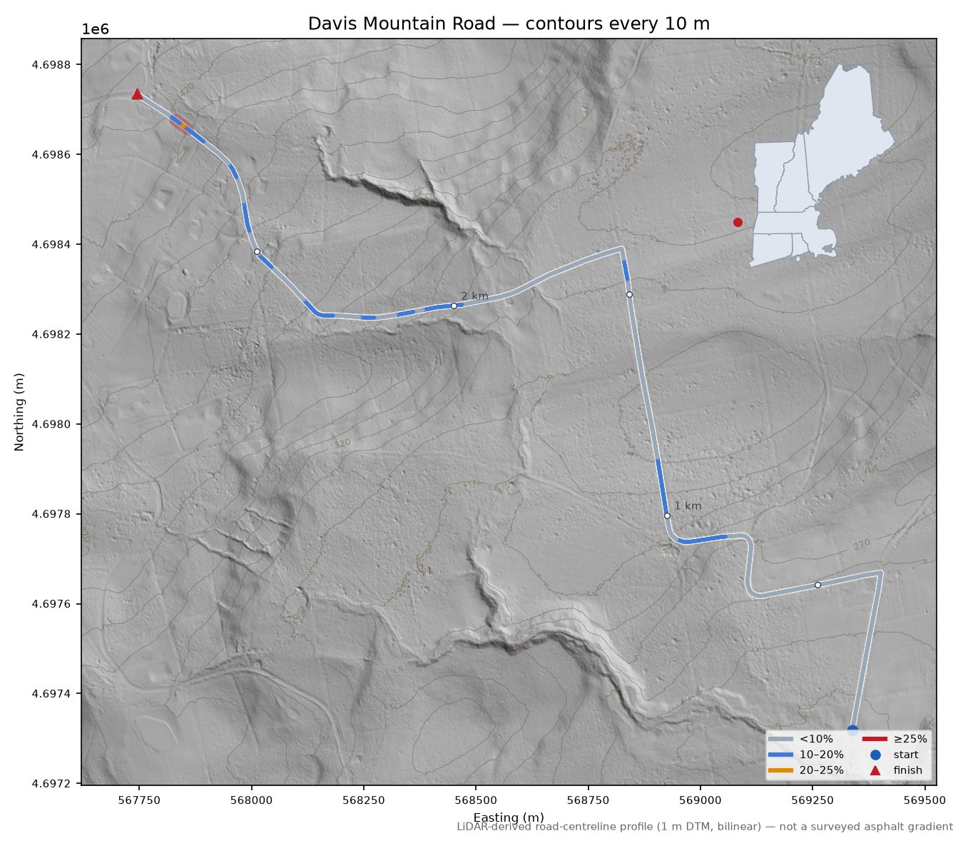 Davis Mountain Road LiDAR hillshade map with contours