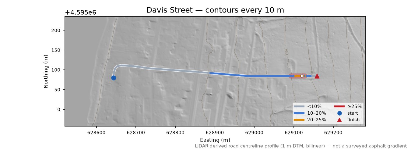 Davis Street LiDAR hillshade map with contours