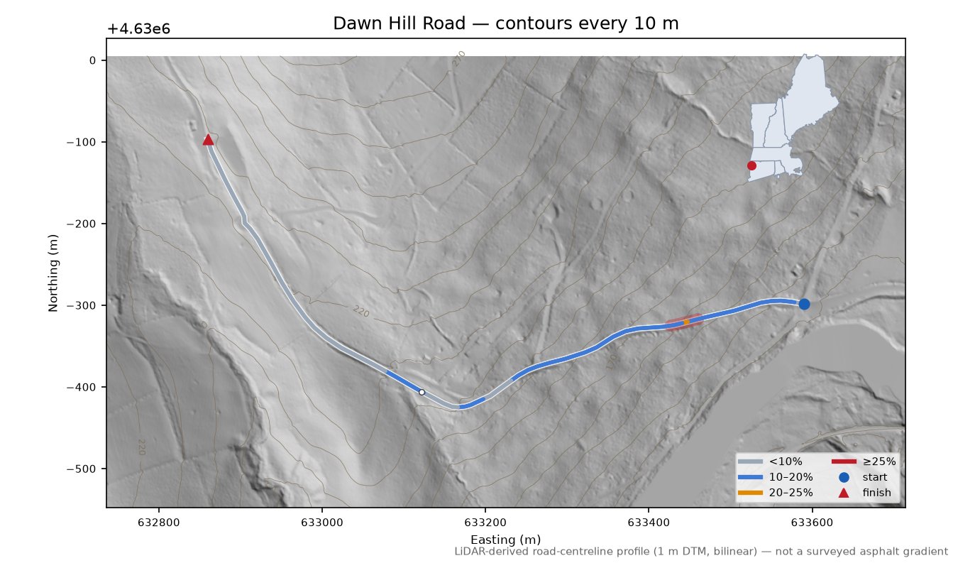 Dawn Hill Road LiDAR hillshade map with contours