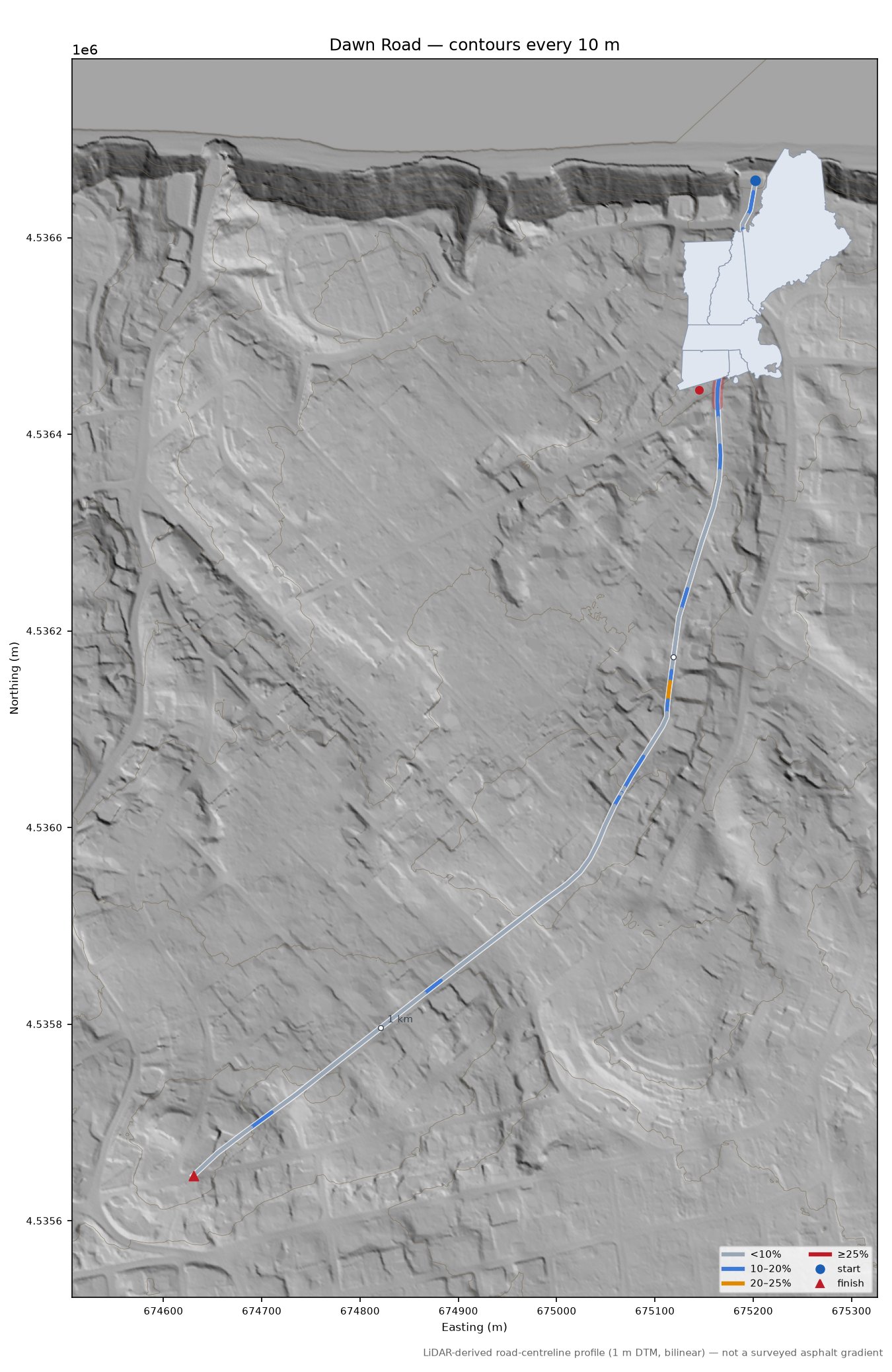 Dawn Road LiDAR hillshade map with contours
