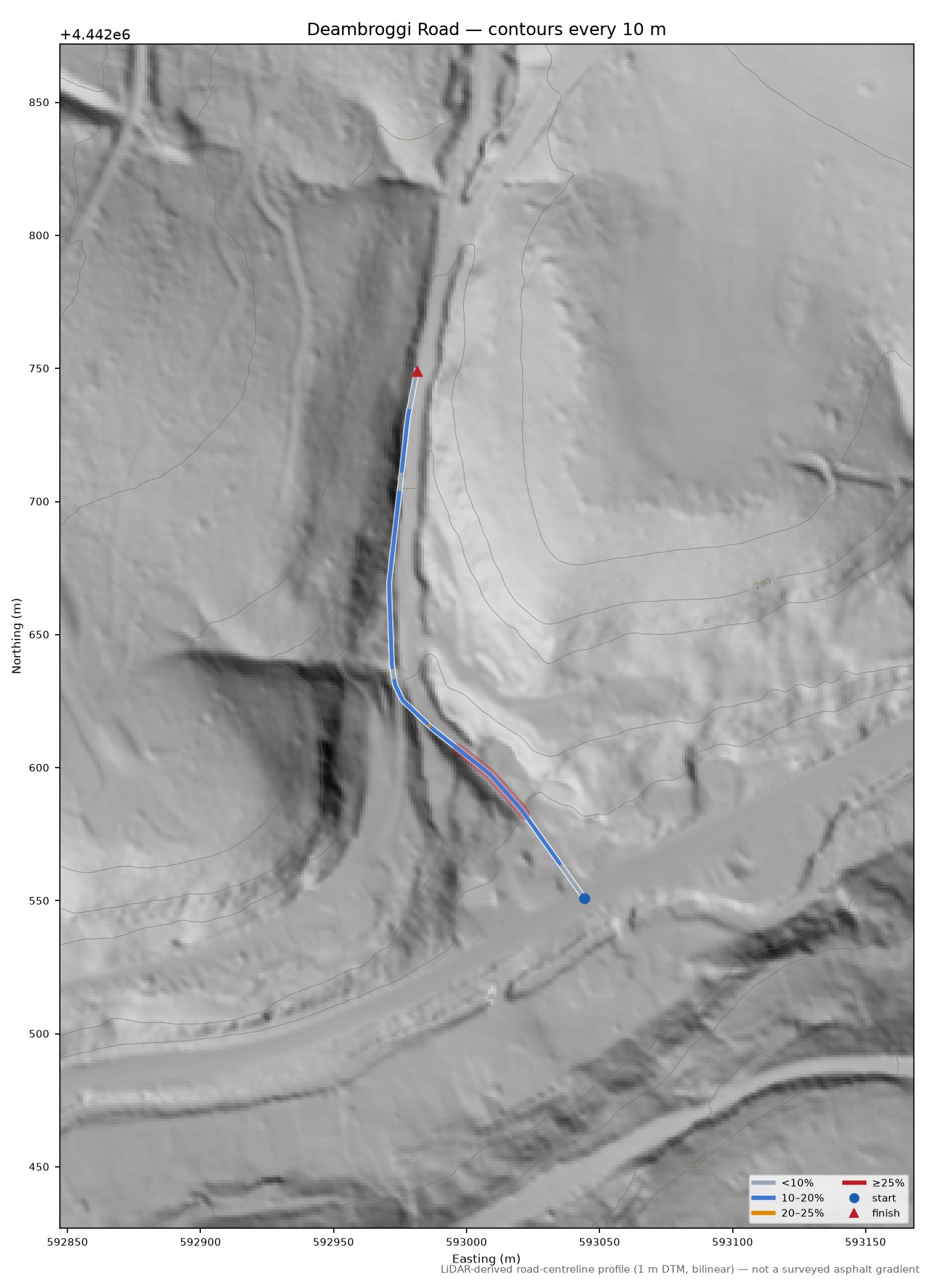 Deambroggi Road LiDAR hillshade map with contours