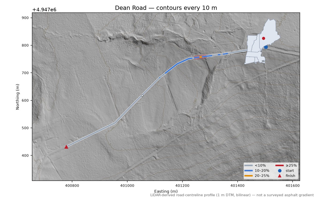 Dean Road LiDAR hillshade map with contours